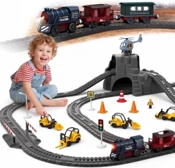 Circuit de train électrique rétro Woopie avec locomotive et 2 wagons, 76 pièces