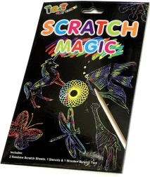 Feuilles à gratter arc-en-ciel avec pochoirs et stylet en bois