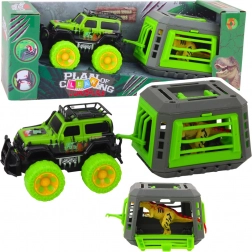 Voiture tout-terrain avec cage et dinosaure T-Rex