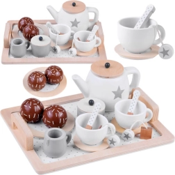 Set de thé en bois avec petites étoiles, beige-blanc, sur plateau
