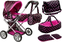 Poussette pour poupées Alice avec porte-bébé et sac noir-rose