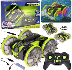 Voiture RC cascadeuse amphibie 2-en-1 avec roues LED et tricks à 360°