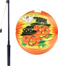 Lampion d’Halloween citrouille joyeuse 25 cm avec baguette lumineuse 40 cm