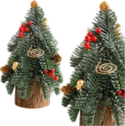 Petit sapin de Noël décoratif sur tronc avec baies rouges et pommes de pin 26 × 12 cm