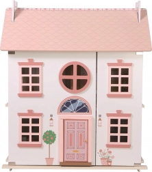 maison de poupées en bois avec toit rose et accessoires