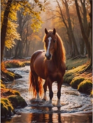 Peinture diamant – cheval dans un ruisseau forestier 30 × 40 cm