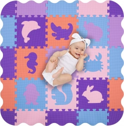 Humbi tapis de jeu et parc en mousse 3-en-1, animaux, 120 × 120 cm, rose/violet/bleu pastel