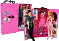 Set de poupées garçon et fille avec armoire-penderie et tenues dans une valisette