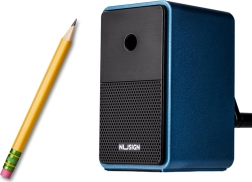 Taille-crayon à manivelle avec récipient et réglage de lame, bleu