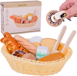 Panier en bois avec pâtisseries et aliments de petit-déjeuner, set de 11 pièces