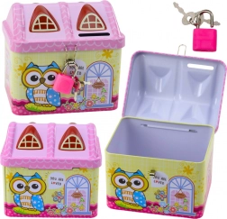 Tirelire métallique Maisonette hibou avec clé rose