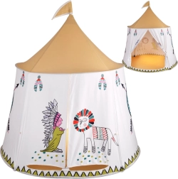 tipi enfant rond avec fenêtres et rideaux à motifs indiens