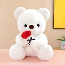 Ourson en peluche blanc 32 cm avec rose rouge et nœud – cadeau pour fille