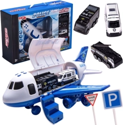 WOOPIE avion de police–transporteur XL avec 3 voitures et panneaux de signalisation