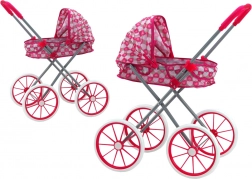 Poussette pour poupées avec petits cœurs, pliable, rose, grandes roues en mousse