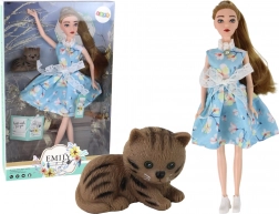 Poupée Emily printanière aux longs cheveux en robe bleue avec chaton