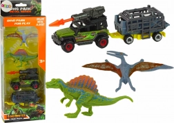 Set de dinosaures avec voiture, lance-roquettes et remorque avec cage