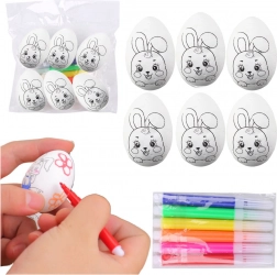 Œufs de Pâques en polystyrène à peindre avec motif lapin, 6 pcs + feutres
