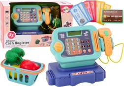 Caisse enregistreuse pour enfants bleue avec pièces et panier