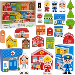 Tooky Toy ville en bois – bâtiments et figurines