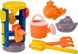 Grand set de plage avec moulin, pelle, râteau, arrosoir et moules