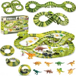 piste de course géante aux dinosaures avec petite voiture et figurines