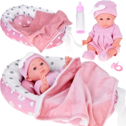 Poupée en tissu bébé avec petit nid rose et accessoires