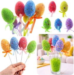 Œufs de Pâques sur fil métallique avec motifs colorés et ruban - 6 pièces
