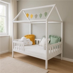 Lit enfant cabane avec barrière et sommier New Baby Castello 180 × 90 cm blanc