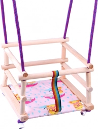 Balançoire en bois colorée avec coussin