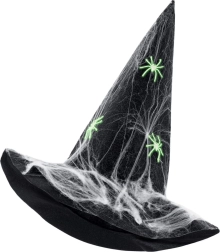 Chapeau de sorcière avec toile d’araignée et araignées lumineuses