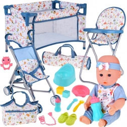 Set Deluxe poupée bébé avec poussette, lit de voyage, chaise haute et accessoires