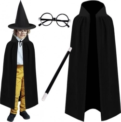 costume de sorcier pour enfants set 4 pièces avec cape, chapeau, lunettes et baguette