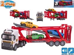 Transporteur de voitures 2-Play Traffic à rétrofriction avec lumière et son + 3 petites voitures 38 cm