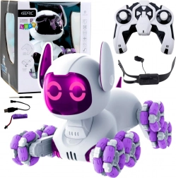Chien robot interactif TOOBY télécommandé 4WD, 360°, LED et sons – blanc‑violet