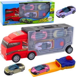 Camion rouge avec garage mobile et lanceur + 3 petites voitures