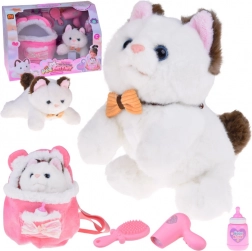 Adorable chaton en peluche ultra doux avec battements de cœur et pattes articulées dans un petit sac à dos rose
