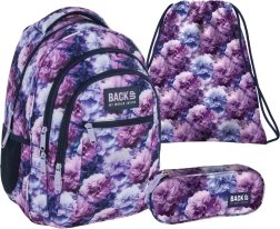 Set scolaire BackUP Violet Flowers 3en1 – sac à dos, trousse et sac