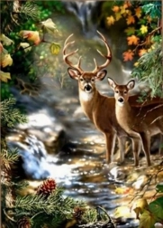 Peinture diamant Cerf et Biche au Ruisseau Forestier