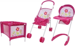 Ensemble 3 pièces pour poupées – poussette, chaise haute et lit de voyage Fleurs