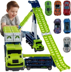 Camion avec toboggan et 6 petites voitures en métal
