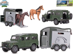 Kids Globe Farming Land Rover avec remorque pour chevaux à rétrofriction (pull-back)