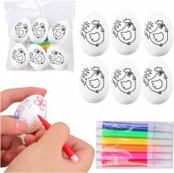 Œufs de Pâques en polystyrène à peindre avec feutres, motif petite poule, 6 pcs