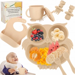 Set de table en silicone pour enfants avec motif chouette, 8 pièces, beige