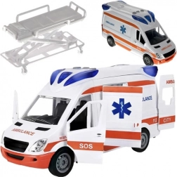 Ambulance de secours des pompiers avec lumières et sons, portes ouvrantes et brancard