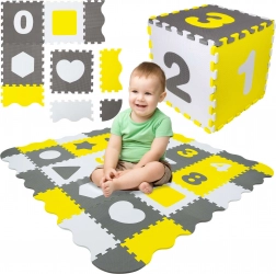 Humbi grand tapis éducatif en mousse 3-en-1 avec parc XXL, puzzle 30 × 30 cm – chiffres et formes, gris/blanc/jaune