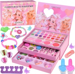 grande trousse de maquillage pour enfants dans une valisette rose avec cosmétiques et bijoux