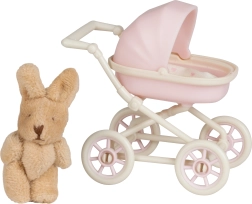 Poussette Lundby avec lapin en peluche pour maison de poupées