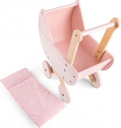Chariot en bois rose pour poupées avec couverture
