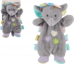 doudou en peluche éléphant 25 cm avec étiquettes colorées